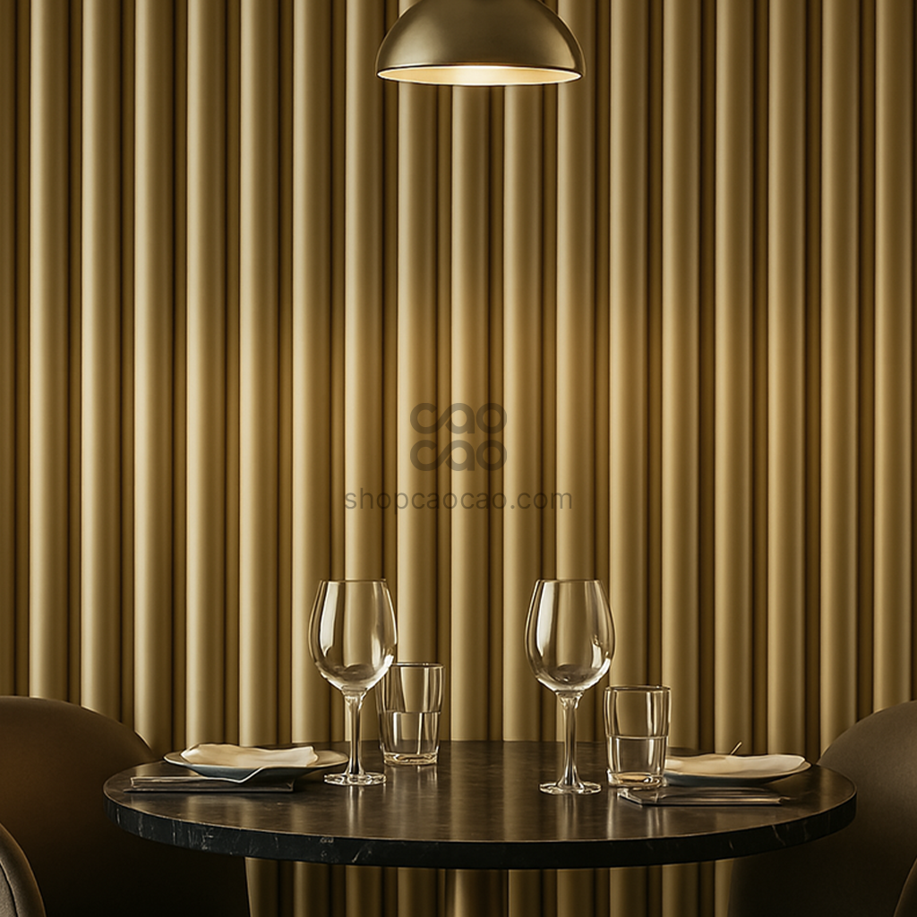 Lambrín Interior WPC Flauta Mediana Oro Gold | Panel Decorativo Cao Cao